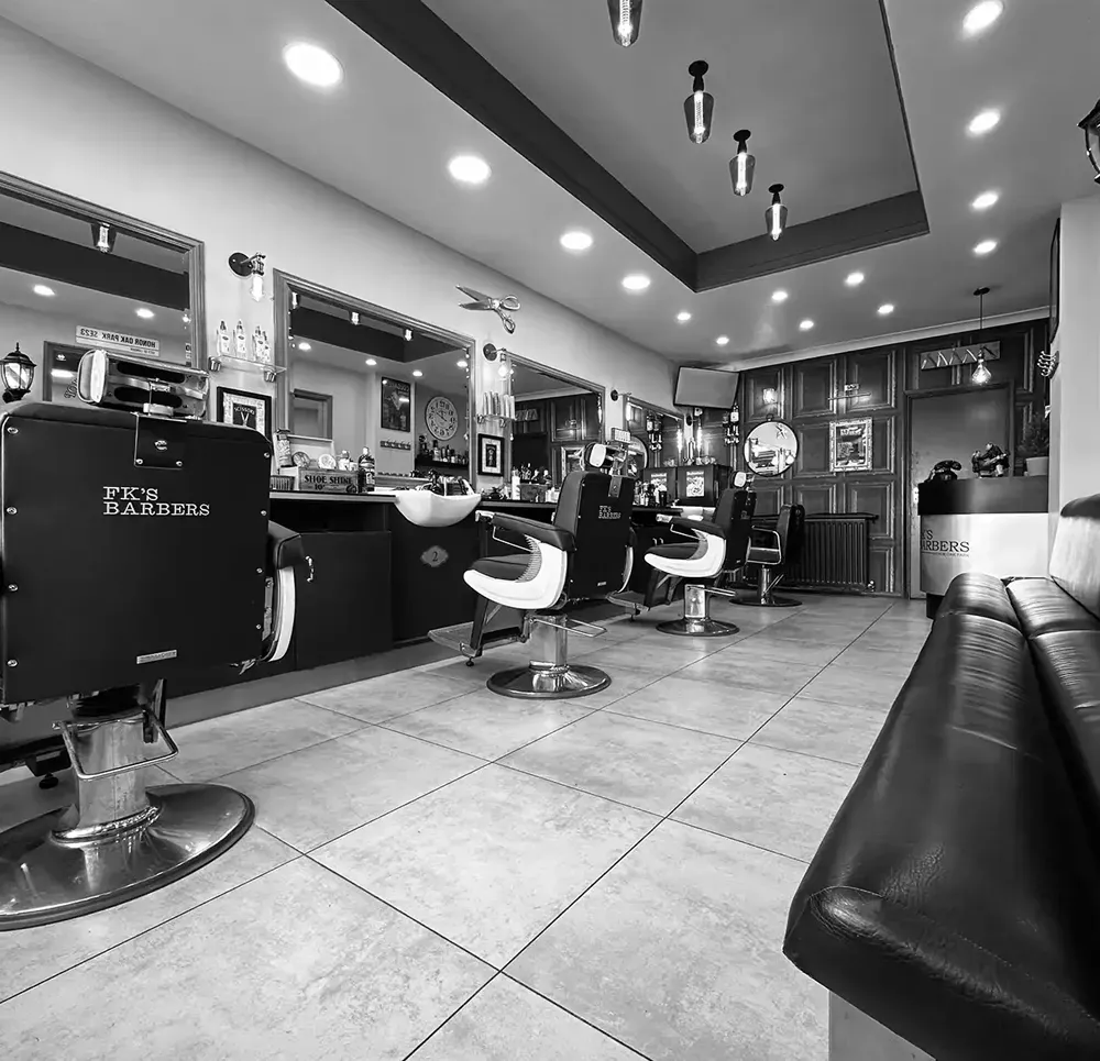 Full interior view of FK’s Barbers in Honor Oak Park, South East London, showing barber stations and seating area