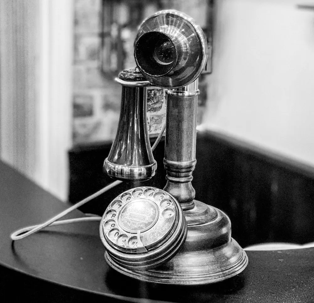 Vintage telephone on the reception desk at FK’s Barbers in Honor Oak Park near Brockley and Forest Hill